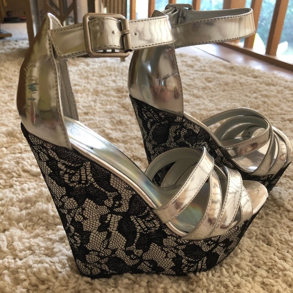 Silver and Black Lace Ankle Strap Wedge Heels - Picture 3 of 5